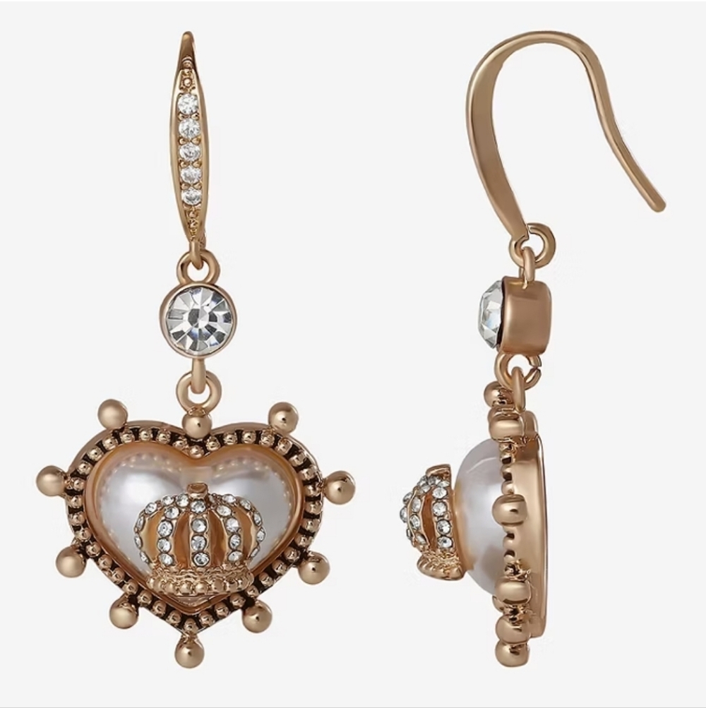 Juicy Couture Gold Crystal Crown Heart Drop Earrings - Picture 3 of 8